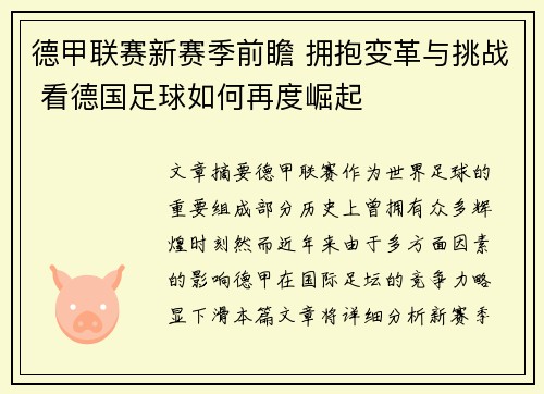 德甲联赛新赛季前瞻 拥抱变革与挑战 看德国足球如何再度崛起